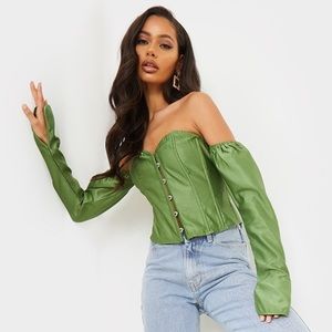 Pale Khaki Satin long sleeve bardot corset top